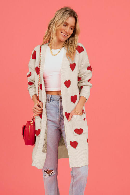 Heart Graphic Open Front Cardigan with Pockets Luvéillé
