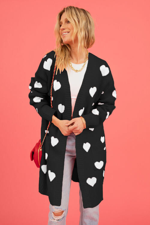 Heart Graphic Open Front Cardigan with Pockets Luvéillé