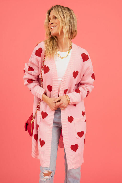 Heart Graphic Open Front Cardigan with Pockets Luvéillé