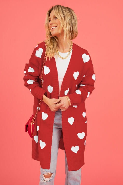 Heart Graphic Open Front Cardigan with Pockets Luvéillé