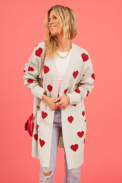 Heart Graphic Open Front Cardigan with Pockets Luvéillé