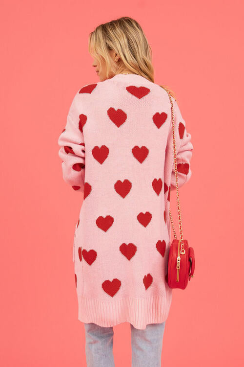Heart Graphic Open Front Cardigan with Pockets Luvéillé