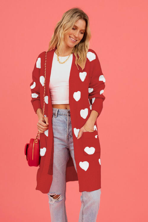 Heart Graphic Open Front Cardigan with Pockets Luvéillé