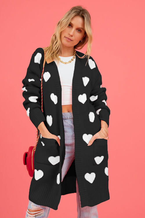 Heart Graphic Open Front Cardigan with Pockets Luvéillé