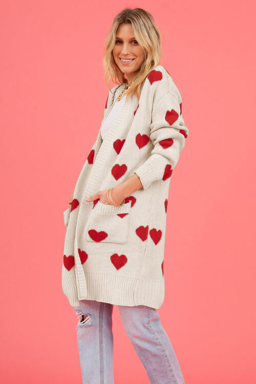 Heart Graphic Open Front Cardigan with Pockets Luvéillé