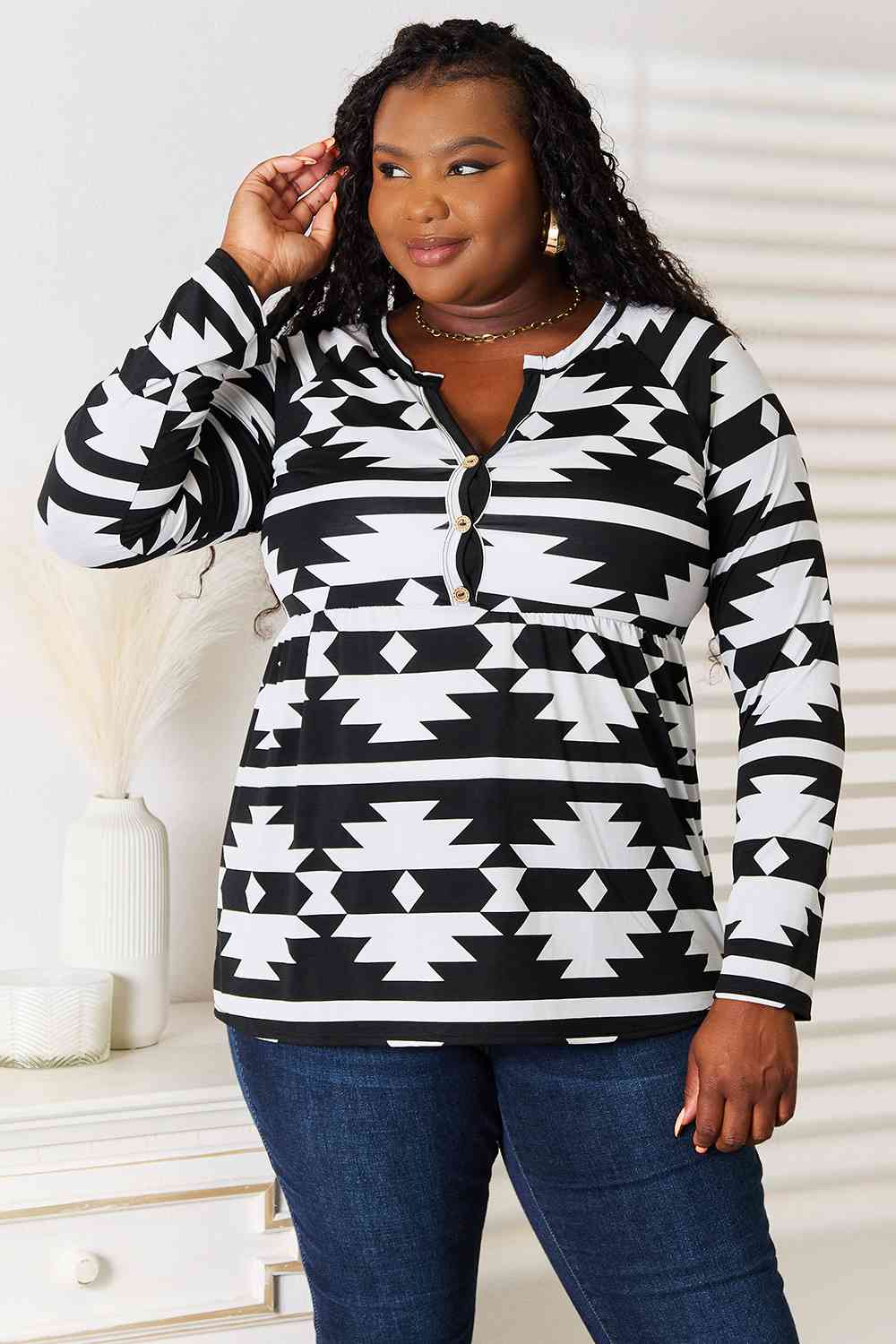 Heimish Full Size Geometric Notched Neck Long Sleeve Top Luvéillé