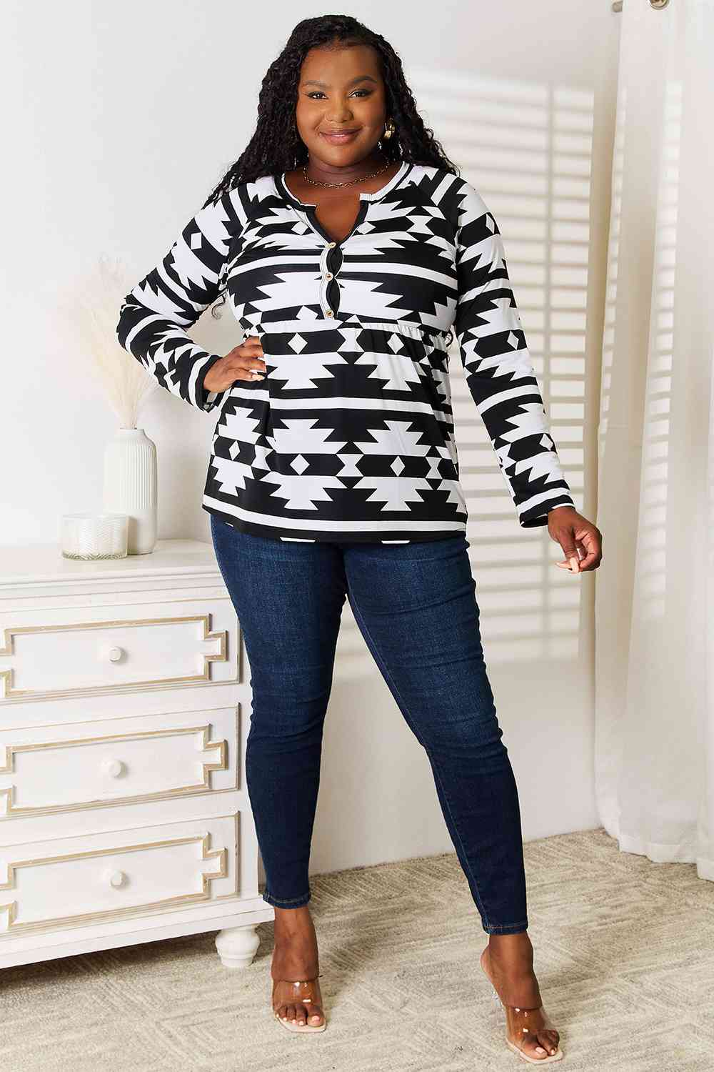 Heimish Full Size Geometric Notched Neck Long Sleeve Top Luvéillé
