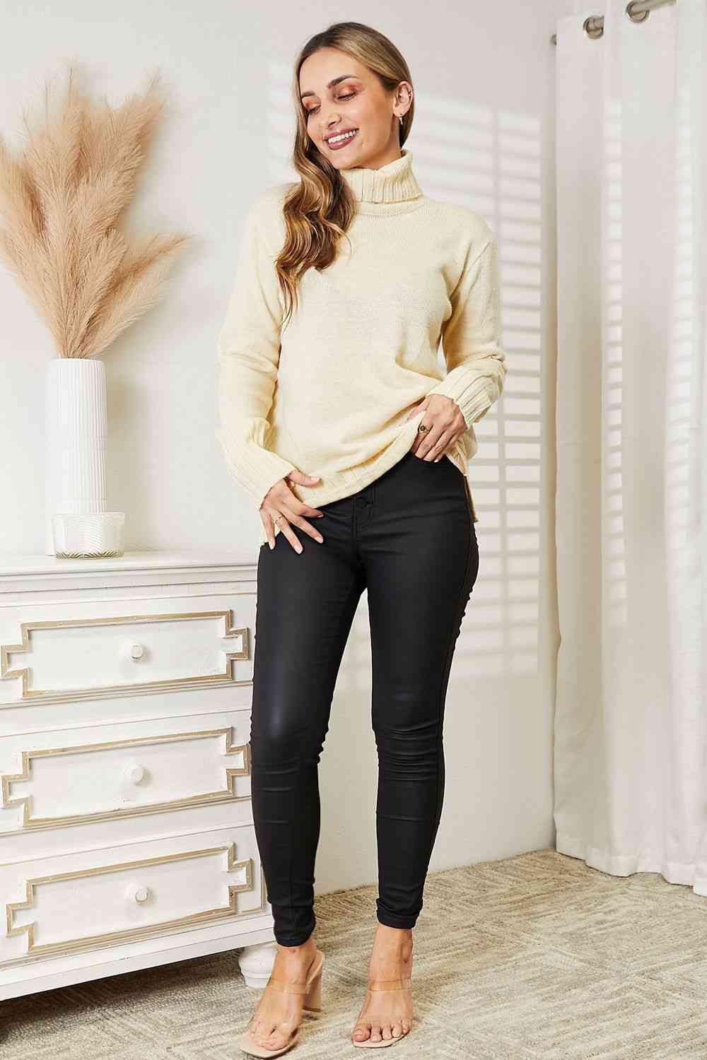 Heimish Full Size Long Sleeve Turtleneck Sweater with Side Slit Luvéillé