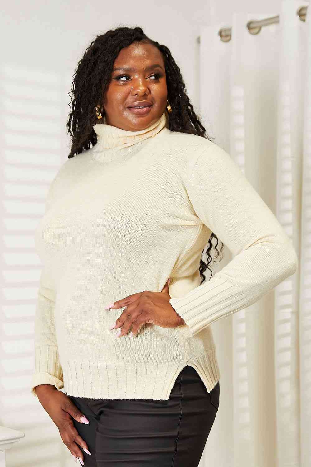 Heimish Full Size Long Sleeve Turtleneck Sweater with Side Slit Luvéillé