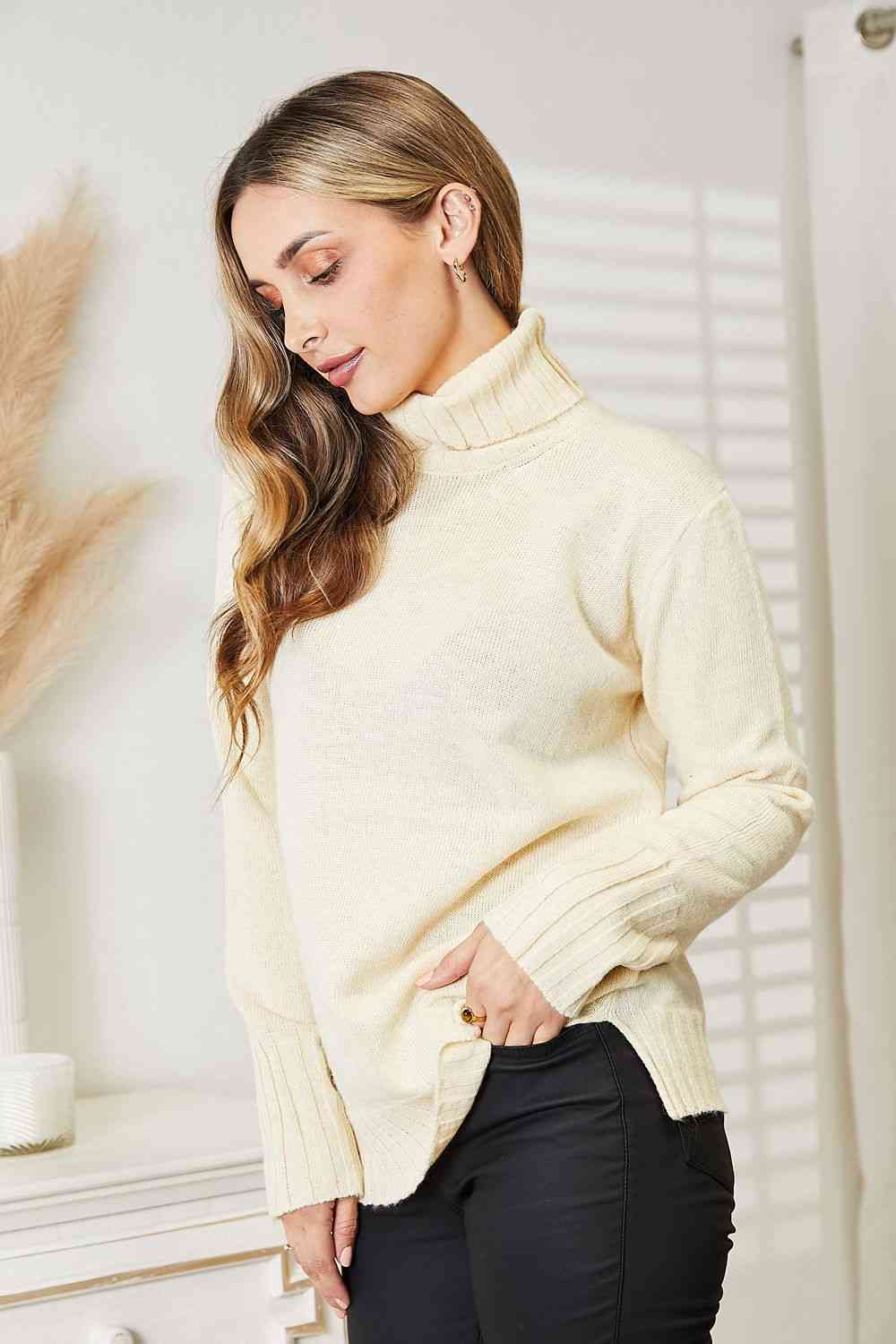 Heimish Full Size Long Sleeve Turtleneck Sweater with Side Slit Luvéillé