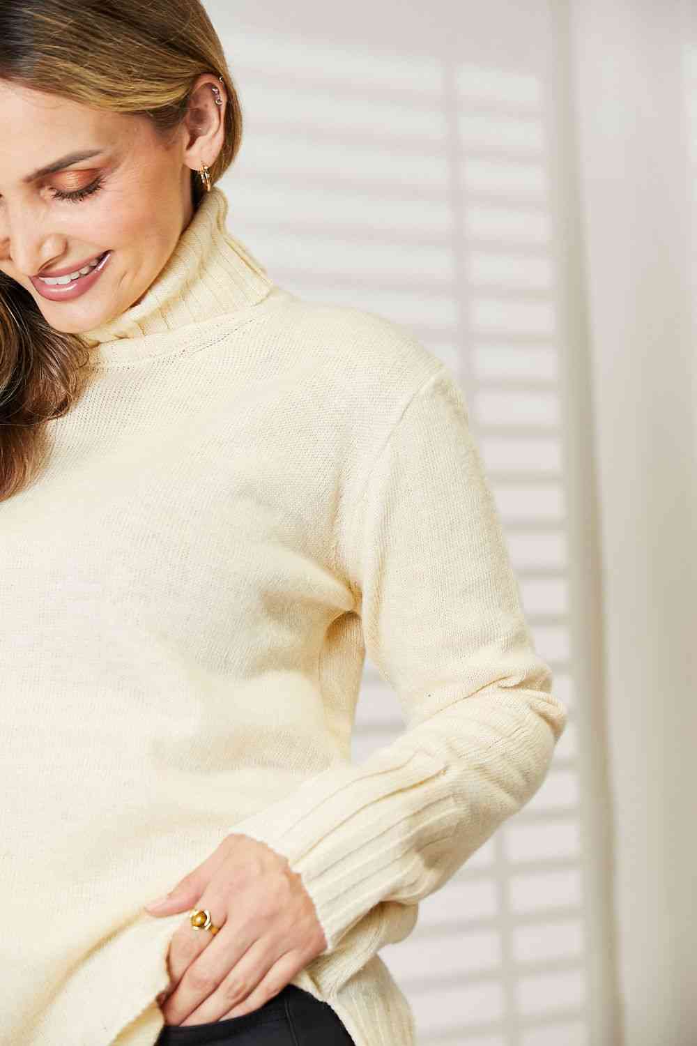 Heimish Full Size Long Sleeve Turtleneck Sweater with Side Slit Luvéillé