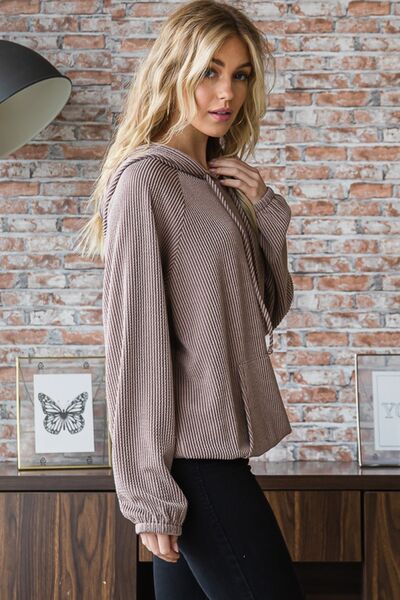 Heimish Full Size Ribbed Drawstring Kangaroo Pocket Hoodie Luvéillé