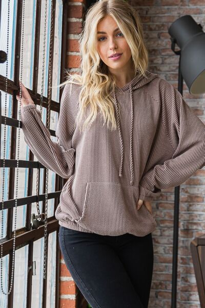 Heimish Full Size Ribbed Drawstring Kangaroo Pocket Hoodie Luvéillé