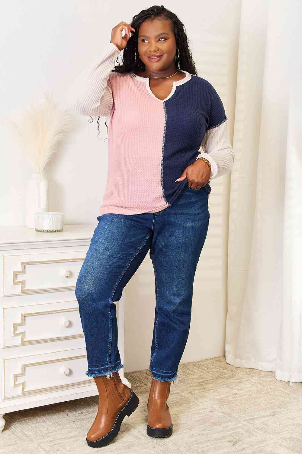 Heimish Full Size Solid Color Block Contrast Top Luvéillé