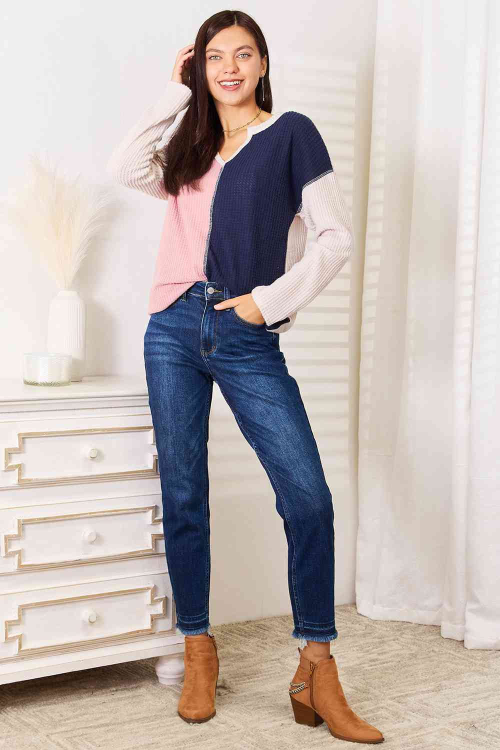 Heimish Full Size Solid Color Block Contrast Top Luvéillé
