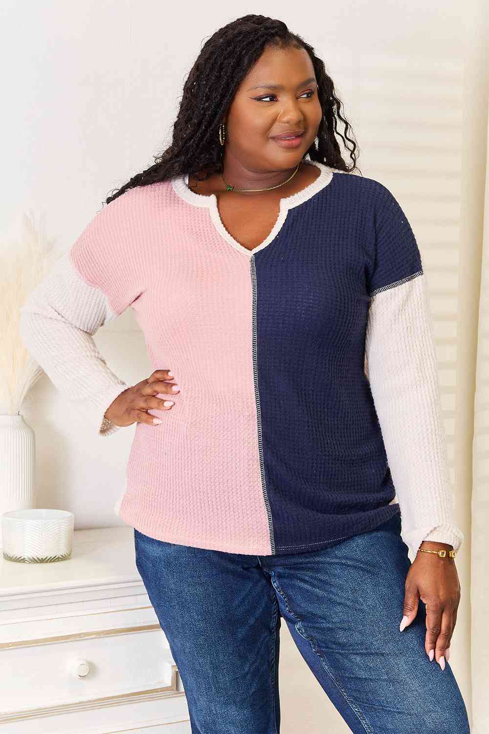 Heimish Full Size Solid Color Block Contrast Top Luvéillé