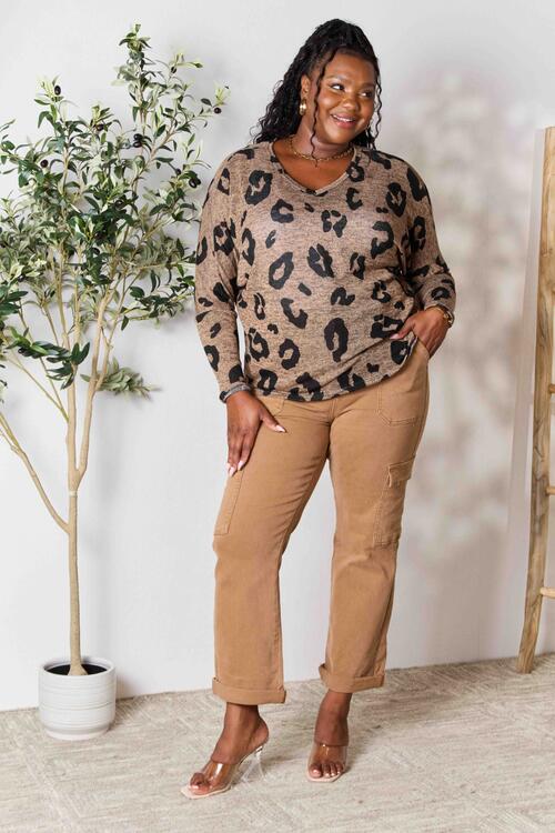 Hopely Full Size Leopard V-Neck Long Sleeve T-Shirt Luvéillé