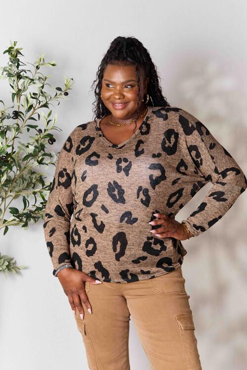 Hopely Full Size Leopard V-Neck Long Sleeve T-Shirt Luvéillé