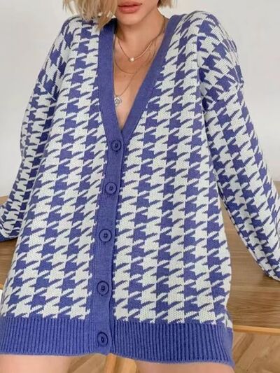 Houndstooth Button Up Long Sleeve Cardigan Luvéillé