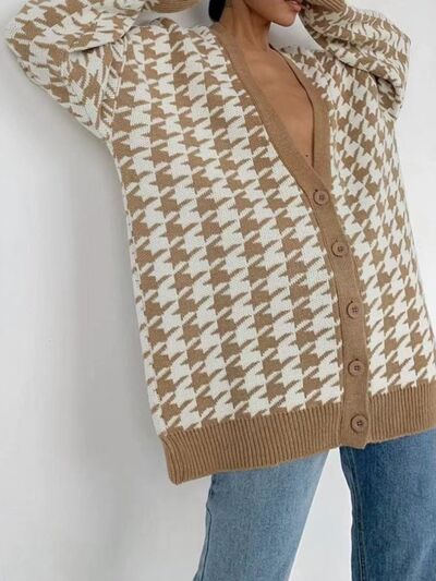 Houndstooth Button Up Long Sleeve Cardigan Luvéillé