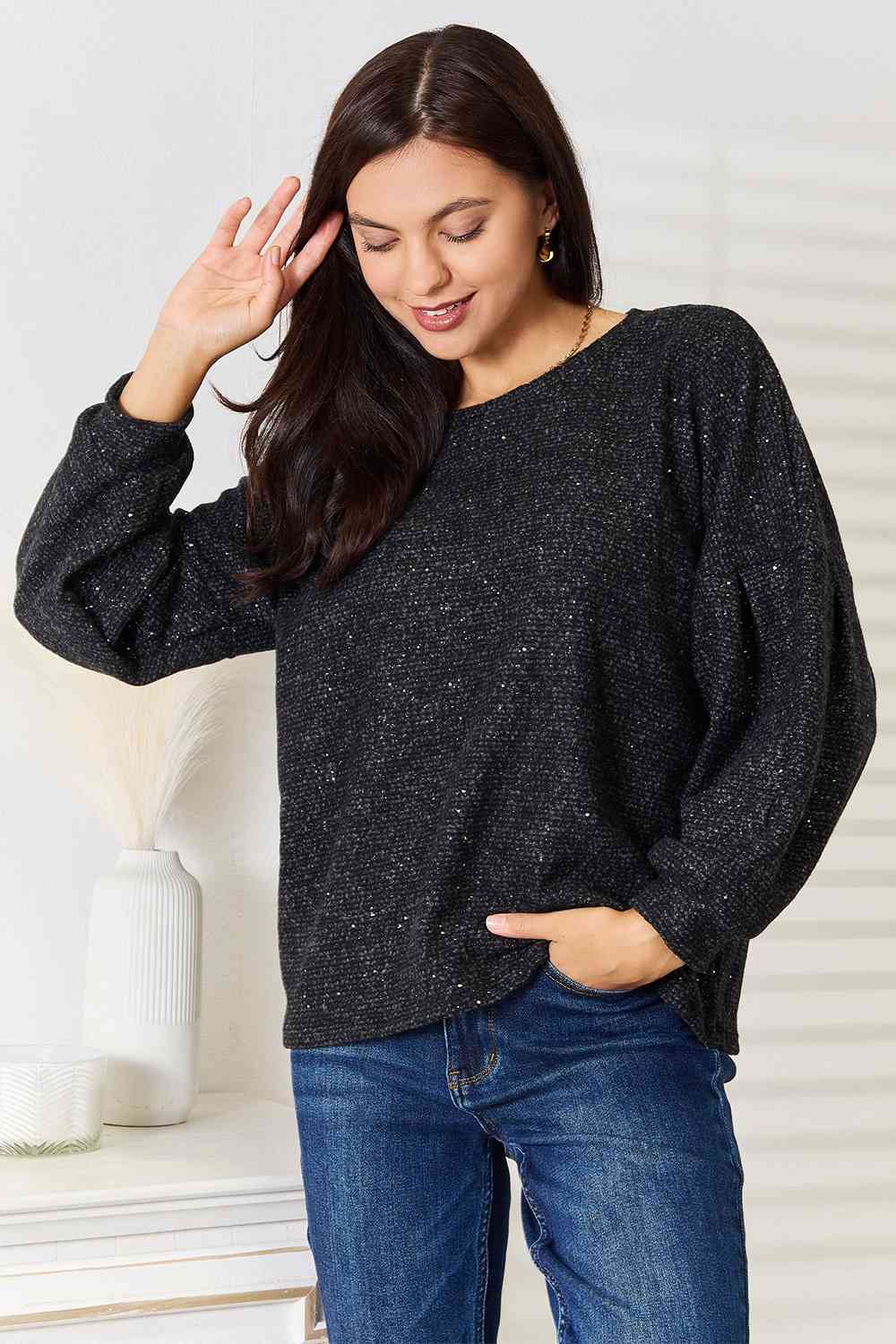 Jade By Jane Full Size Boat Neck Glitter Long Sleeve Top Luvéillé