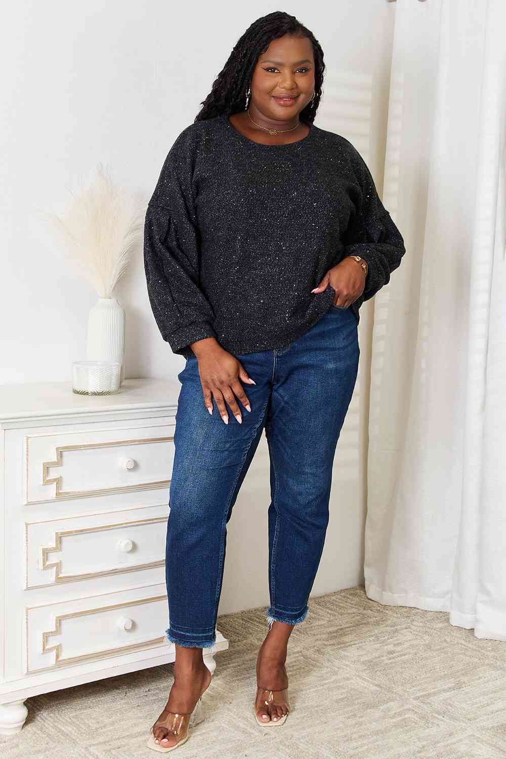 Jade By Jane Full Size Boat Neck Glitter Long Sleeve Top Luvéillé