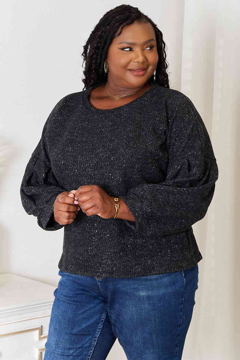 Jade By Jane Full Size Boat Neck Glitter Long Sleeve Top Luvéillé
