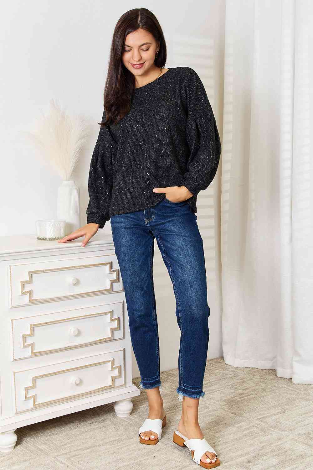 Jade By Jane Full Size Boat Neck Glitter Long Sleeve Top Luvéillé