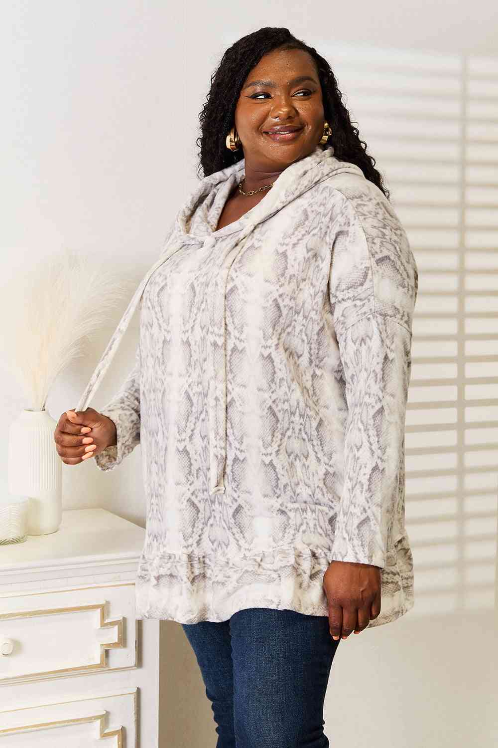 Jade By Jane Full Size Snakeskin Print Ruffle Hem Hoodie Luvéillé
