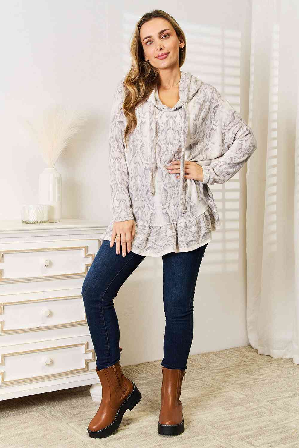 Jade By Jane Full Size Snakeskin Print Ruffle Hem Hoodie Luvéillé