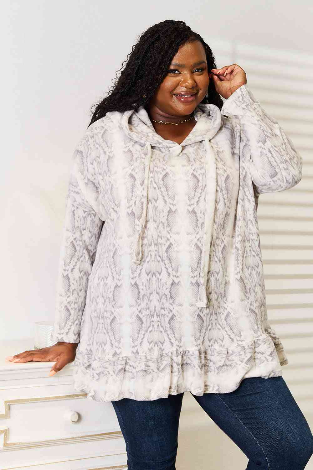 Jade By Jane Full Size Snakeskin Print Ruffle Hem Hoodie Luvéillé