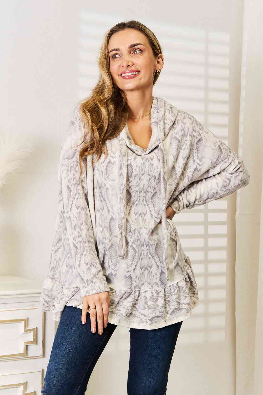 Jade By Jane Full Size Snakeskin Print Ruffle Hem Hoodie Luvéillé