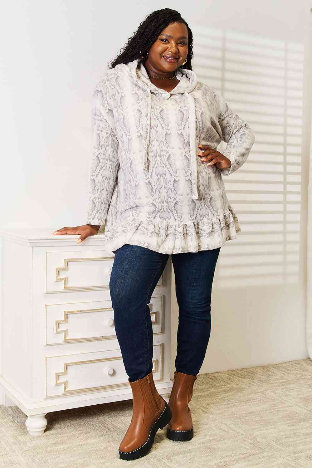 Jade By Jane Full Size Snakeskin Print Ruffle Hem Hoodie Luvéillé