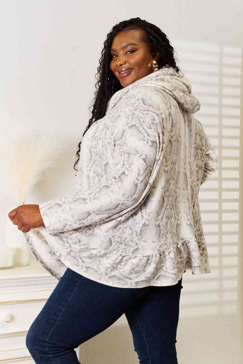 Jade By Jane Full Size Snakeskin Print Ruffle Hem Hoodie Luvéillé