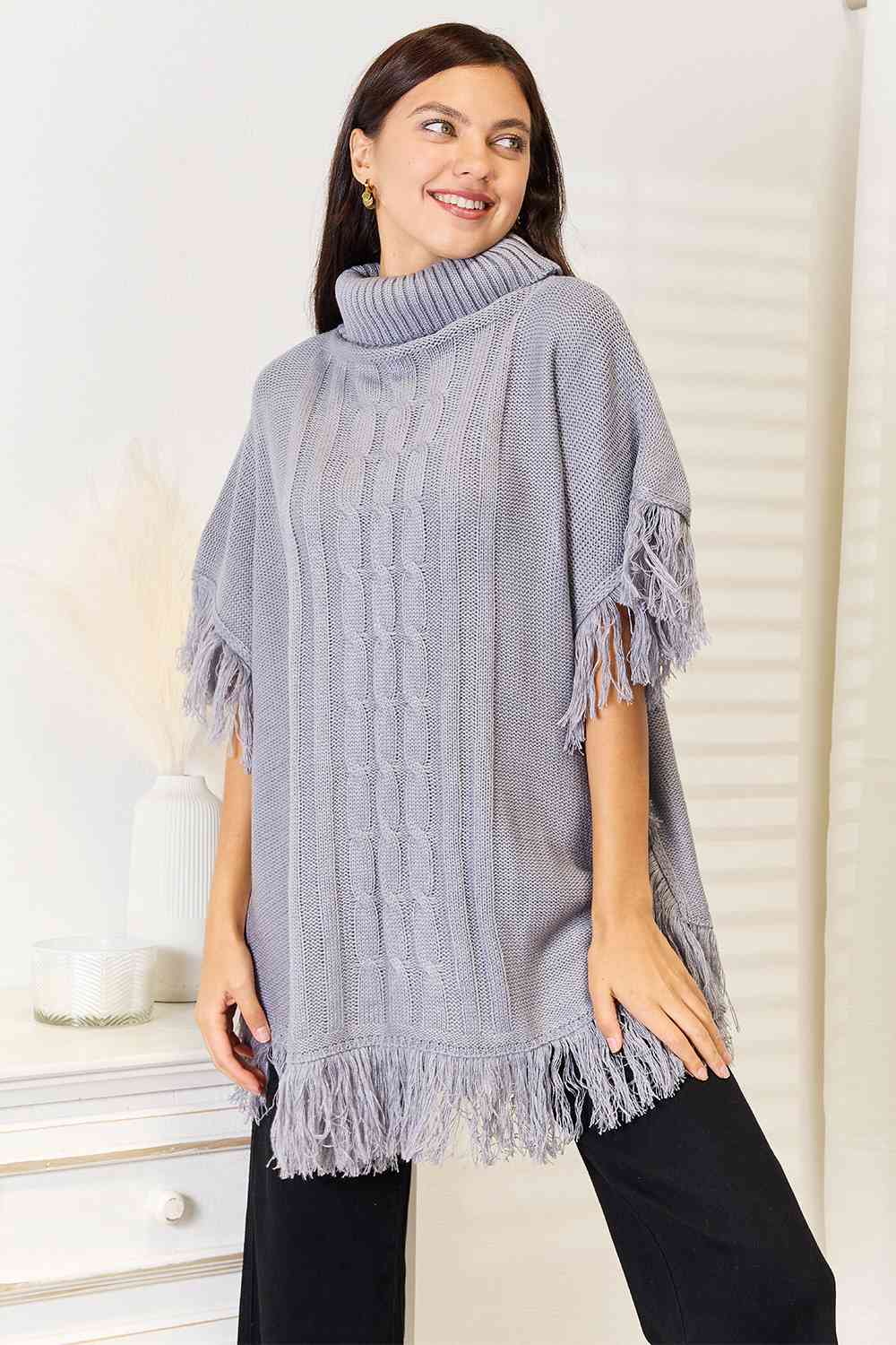 Justin Taylor Turtle Neck Fringe Poncho Luvéillé