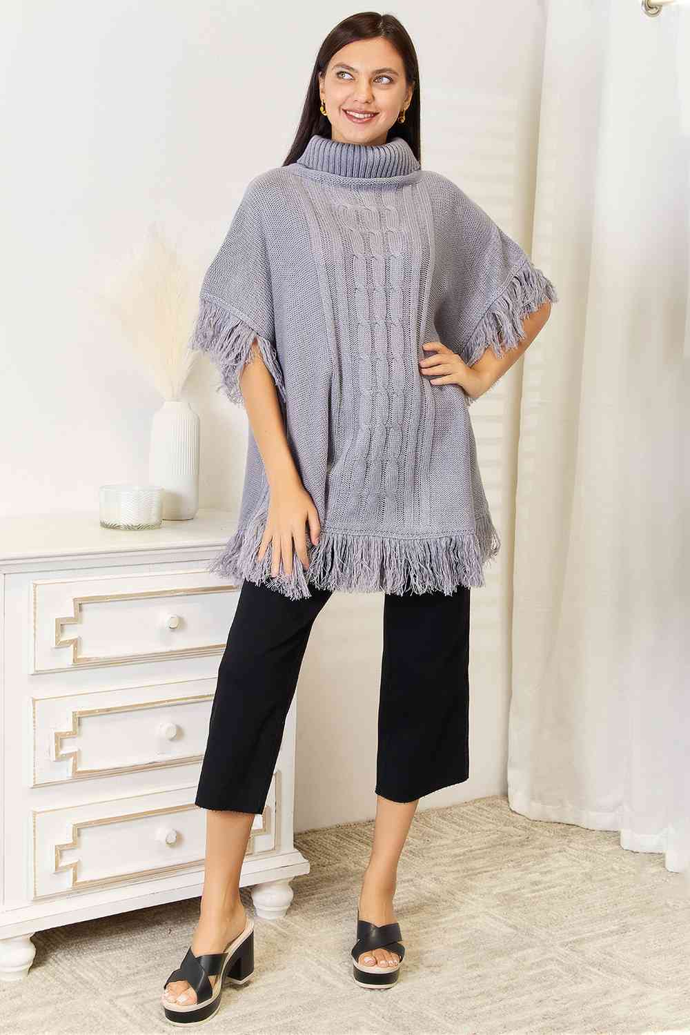 Justin Taylor Turtle Neck Fringe Poncho Luvéillé