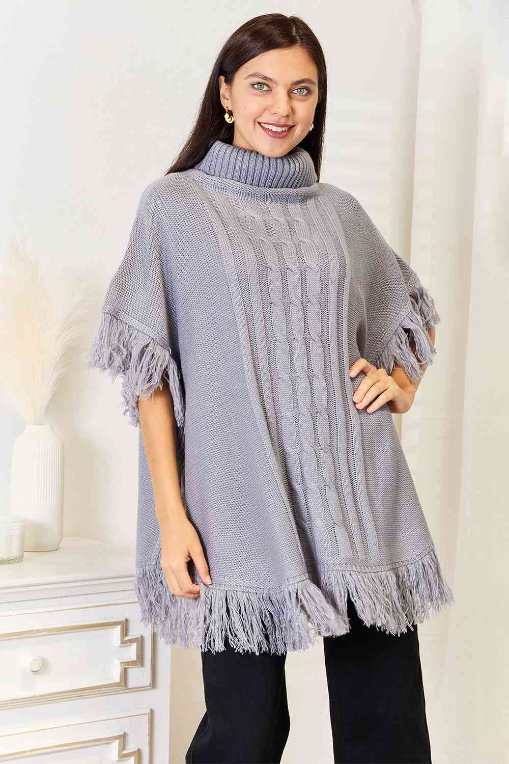 Justin Taylor Turtle Neck Fringe Poncho Luvéillé