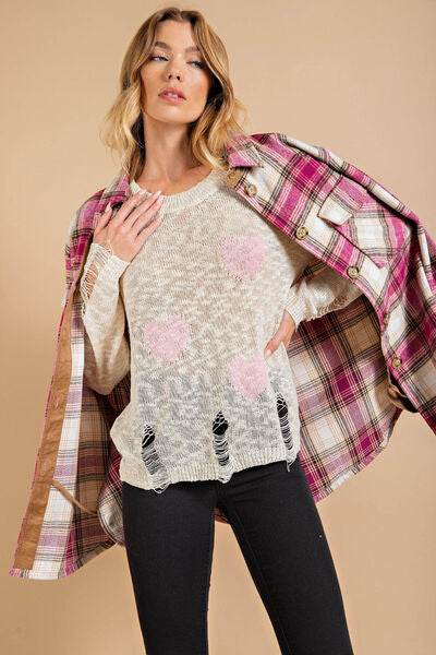 Kori America Heart Pattern Distressed Sweater Luvéillé