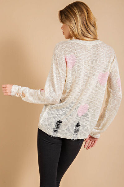 Kori America Heart Pattern Distressed Sweater Luvéillé