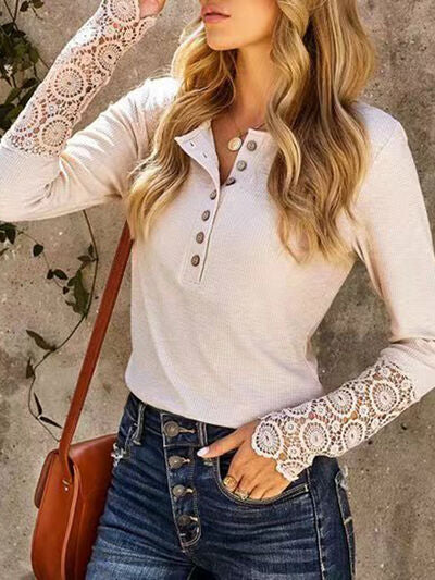 Lace Detail Half Button Long Sleve Knit Top Luvéillé