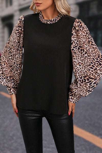 Leopard Mock Neck Lantern Sleeve Blouse Luvéillé