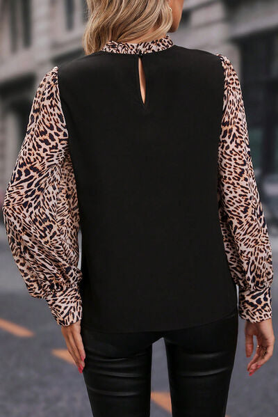 Leopard Mock Neck Lantern Sleeve Blouse Luvéillé