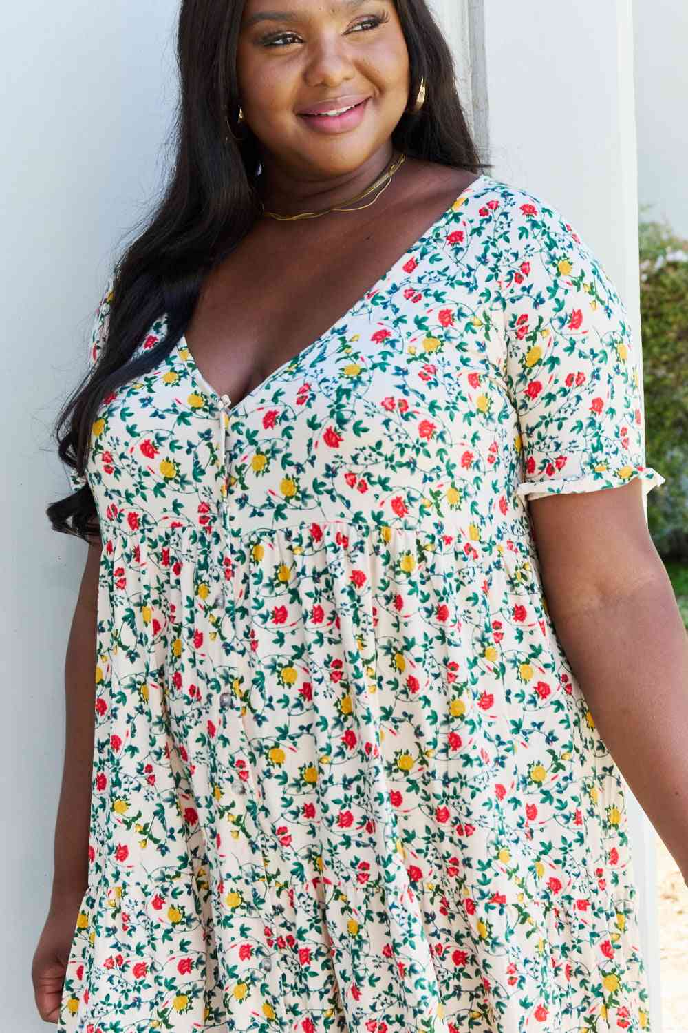 Ninexis Follow Me Full Size V-Neck Ruffle Sleeve Floral Dress Luvéillé
