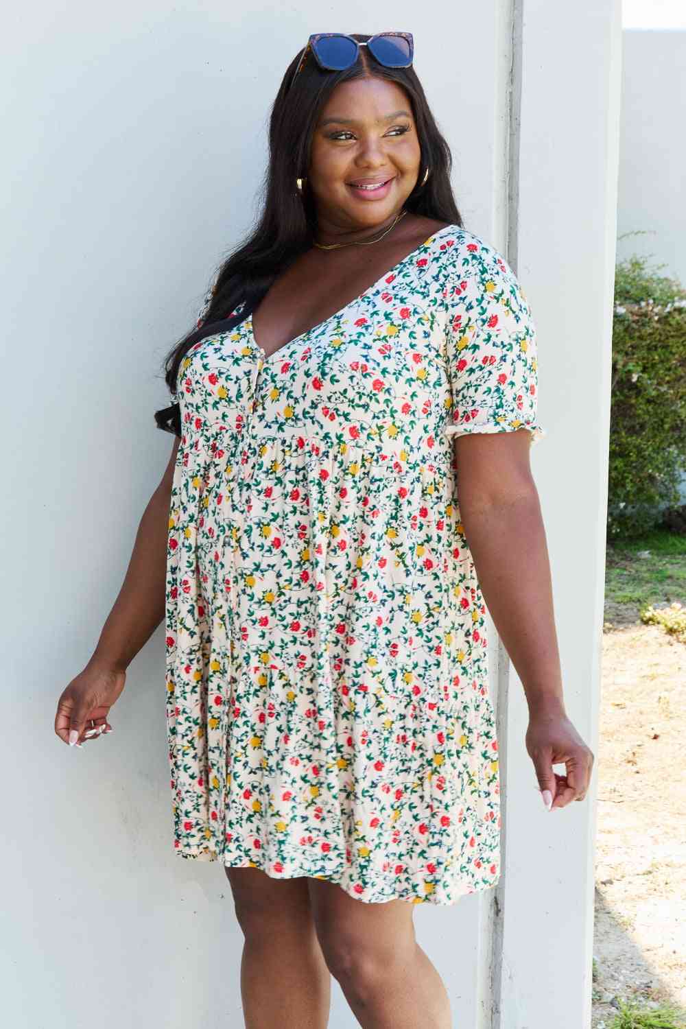 Ninexis Follow Me Full Size V-Neck Ruffle Sleeve Floral Dress Luvéillé