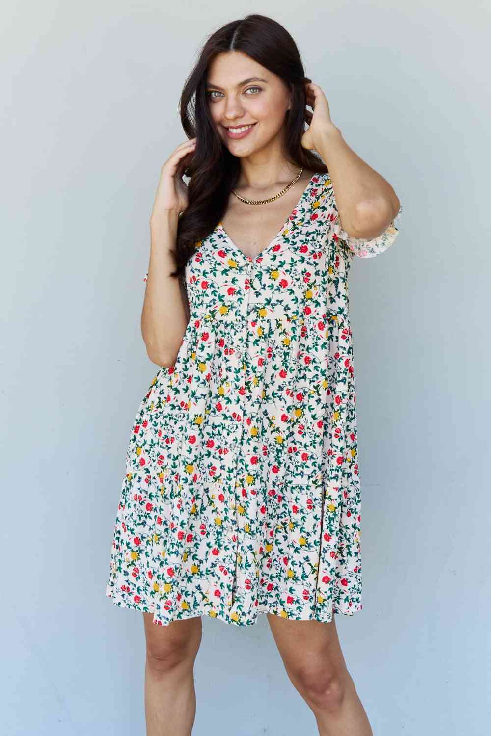 Ninexis Follow Me Full Size V-Neck Ruffle Sleeve Floral Dress Luvéillé