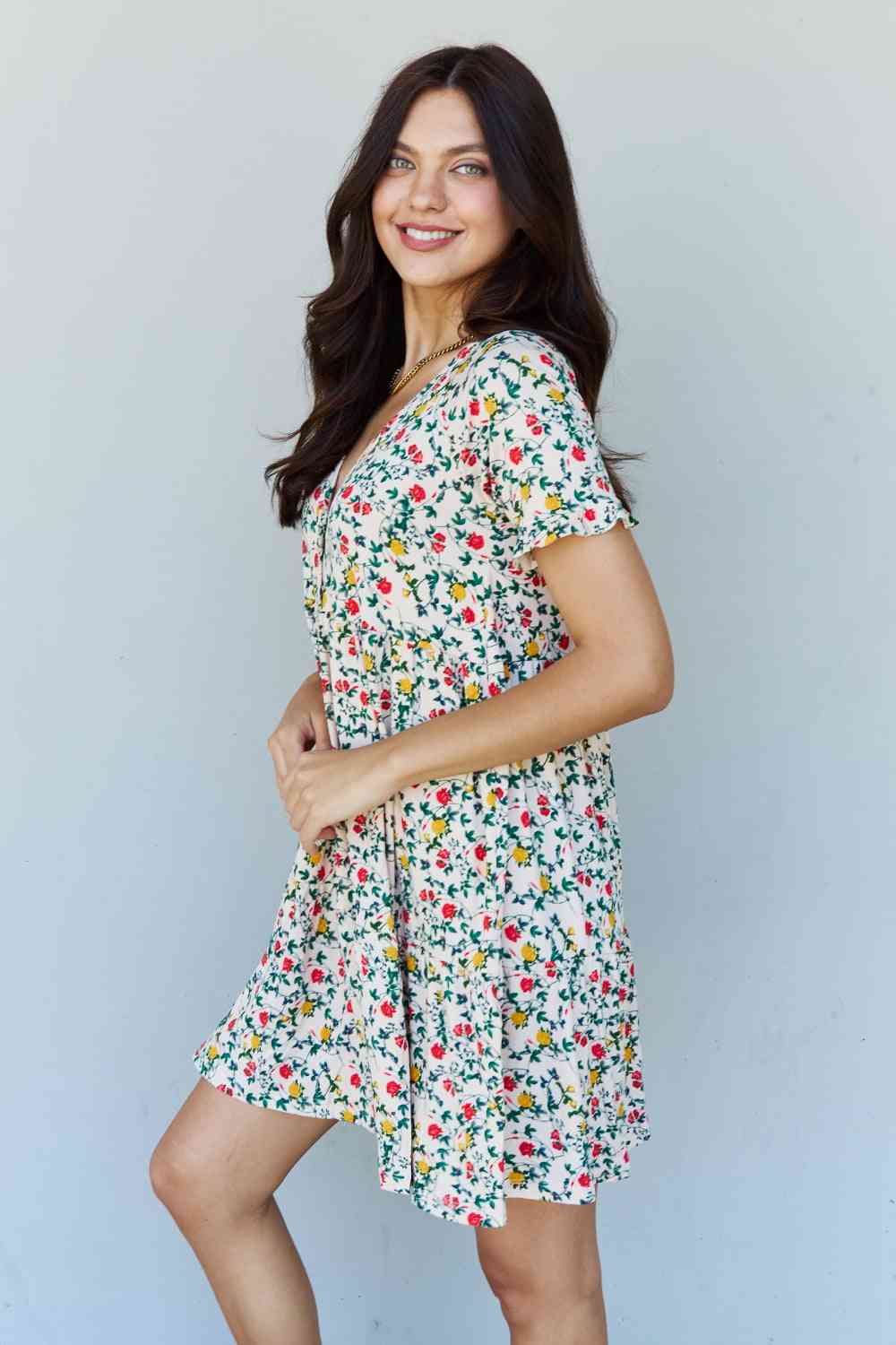 Ninexis Follow Me Full Size V-Neck Ruffle Sleeve Floral Dress Luvéillé