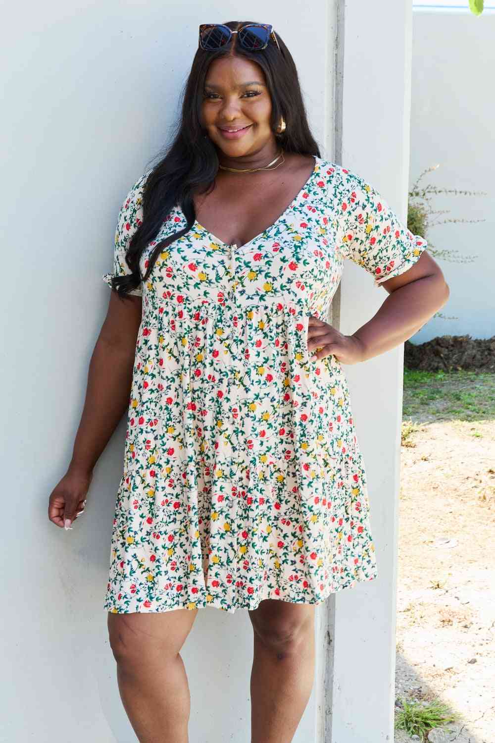 Ninexis Follow Me Full Size V-Neck Ruffle Sleeve Floral Dress Luvéillé