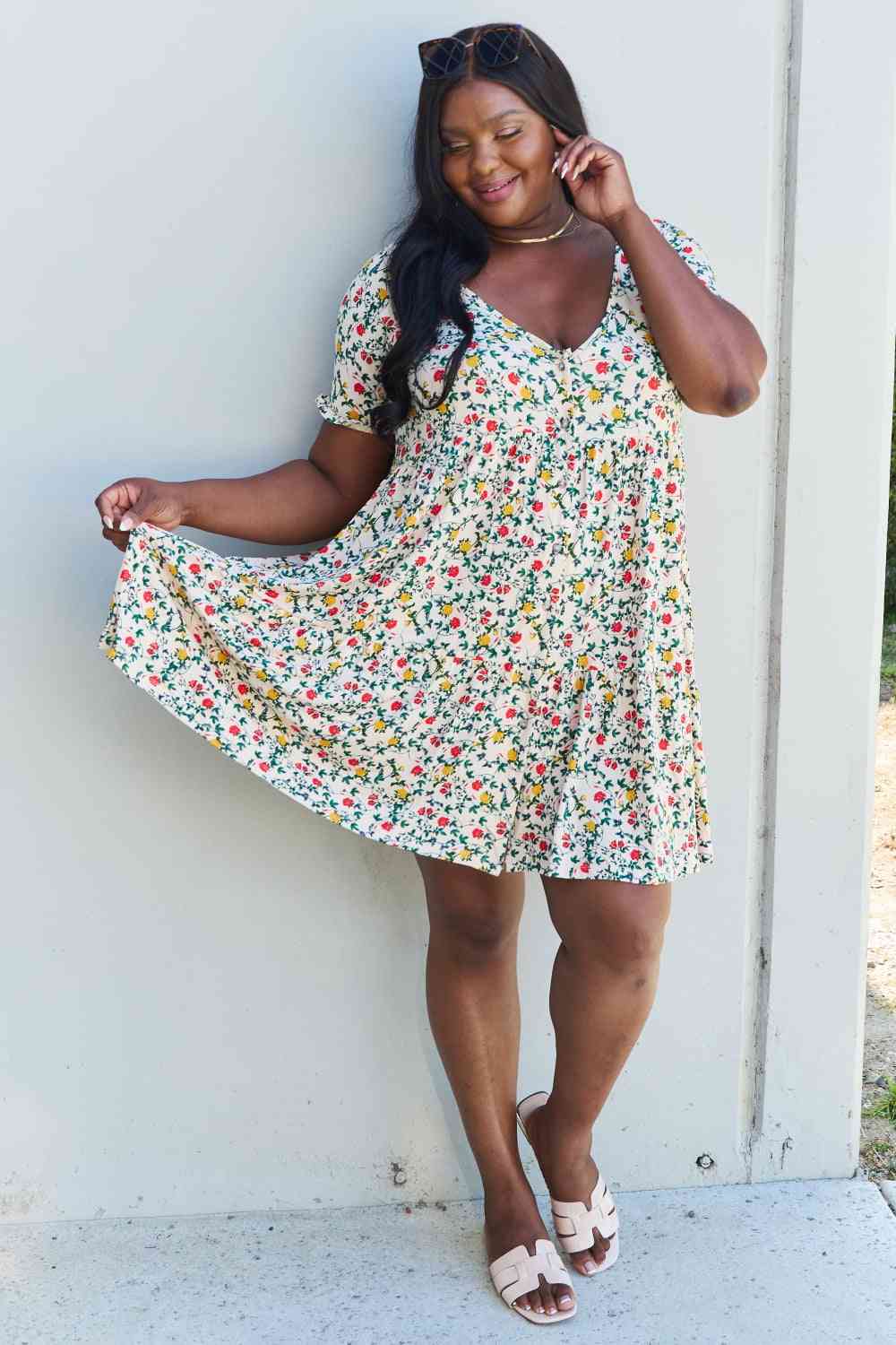 Ninexis Follow Me Full Size V-Neck Ruffle Sleeve Floral Dress Luvéillé