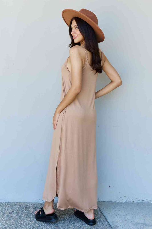 Ninexis Good Energy Full Size Cami Side Slit Maxi Dress in Camel Luvéillé