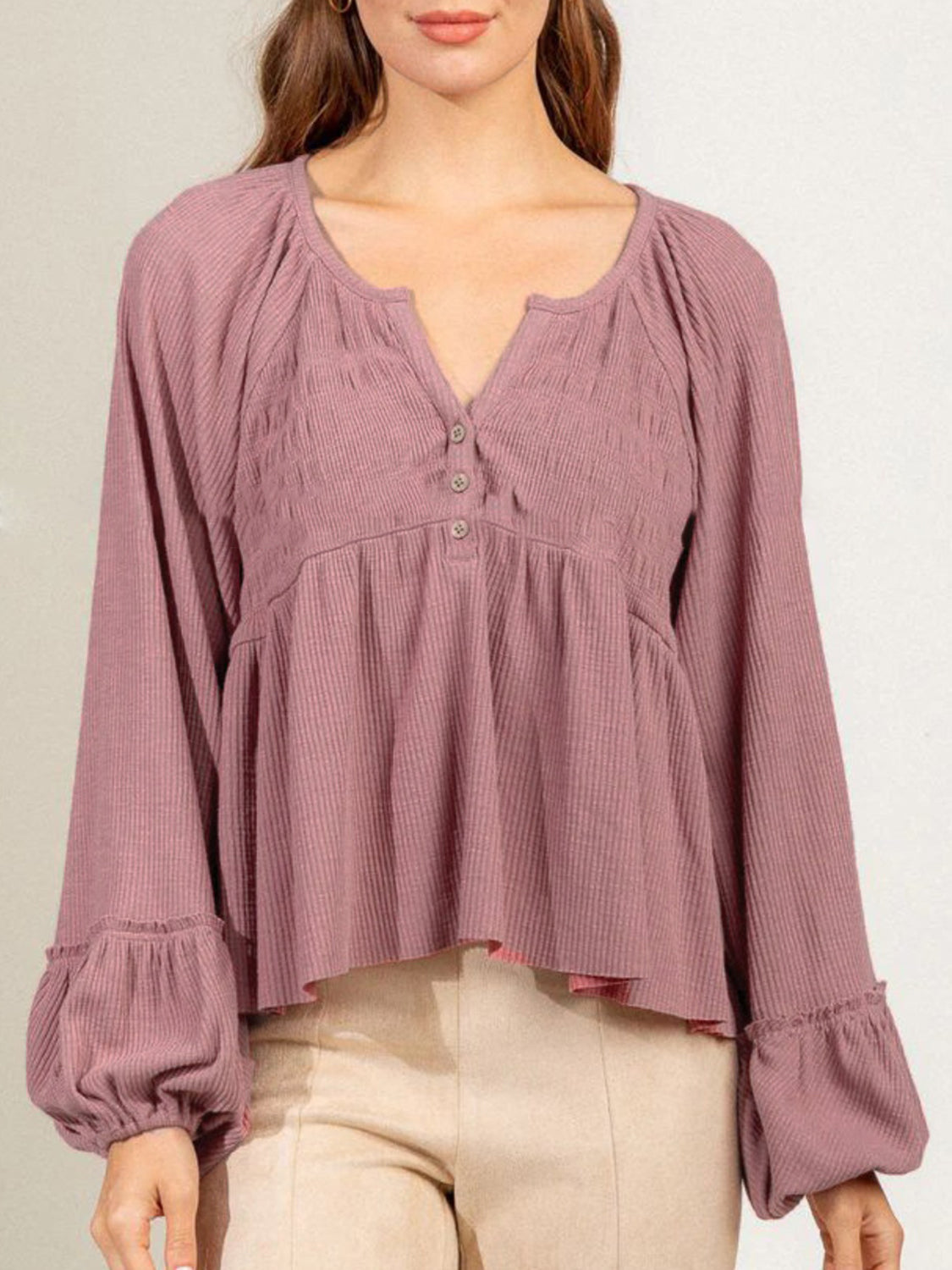 Notched Balloon Sleeve Peplum Blouse Luvéillé